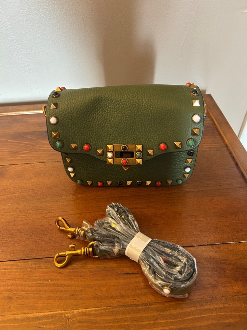 Green Studded Leather Crossbody Bag